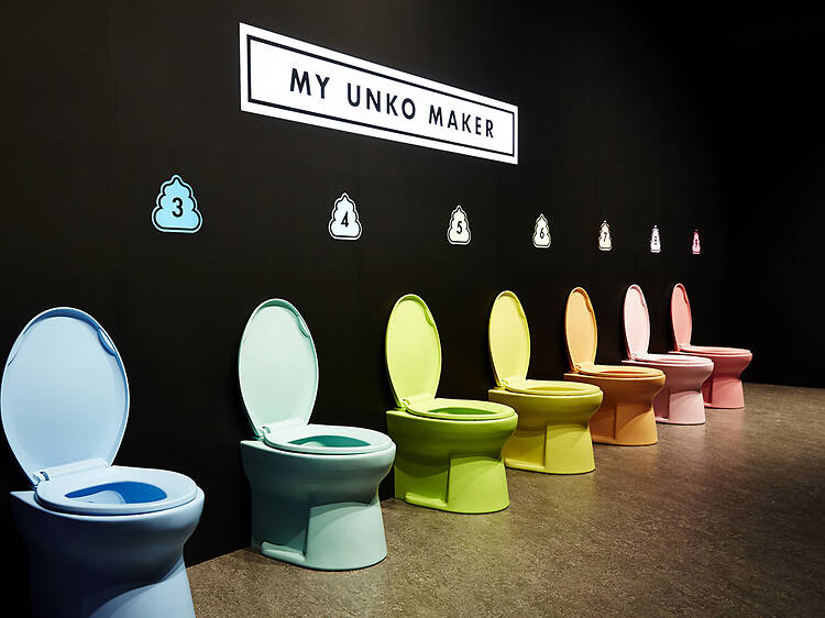 Make the poop volcano erupt at the goofy Unko Museum