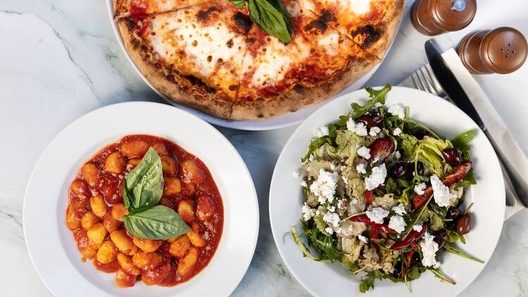 Gnocchi, pizza and salad