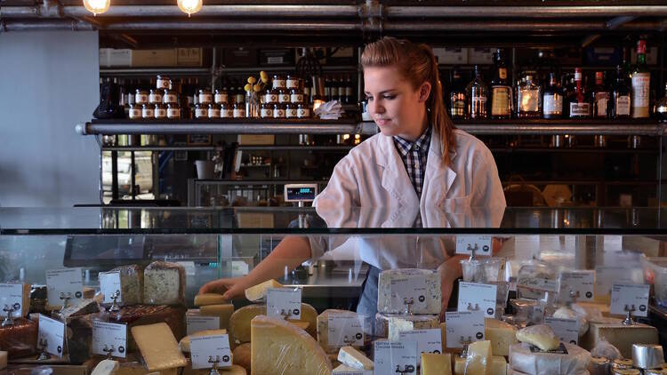 A cheese display inside Milk the Cow.