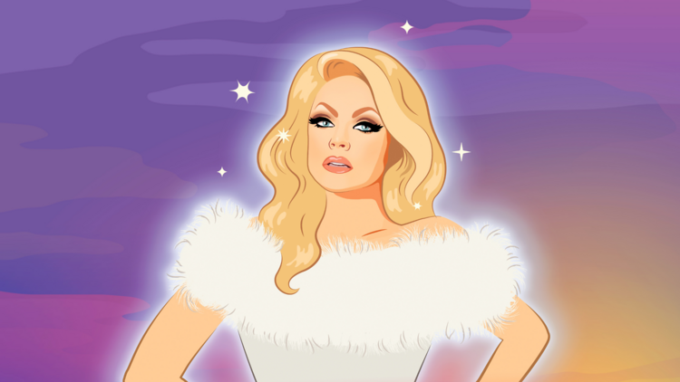 Illustration by Shara Parsons depicts Courtney Act looking stunning in a white dress with fur trim.