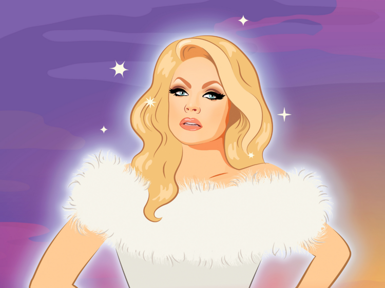 Illustration by Shara Parsons depicts Courtney Act looking stunning in a white dress with fur trim.