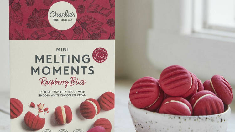 A box of Charlies Good Food Co raspberry melting moments cookies