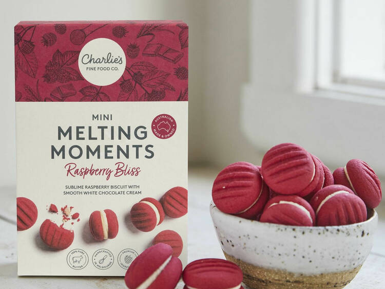 A box of Charlies Good Food Co raspberry melting moments cookies