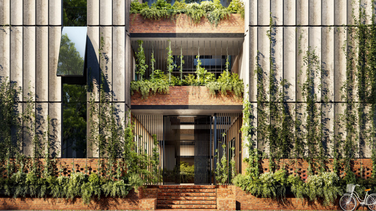 A rendering of the exterior and entryway of the Thompson Street project by Assemble Futures.