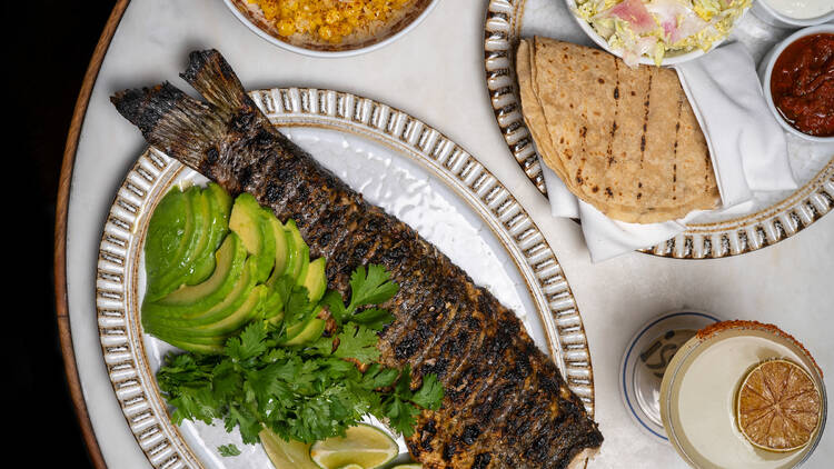 The grilled branzino and seasonal corn at Issima, wide a drink, watermelon radish salad and flatbread on the side.