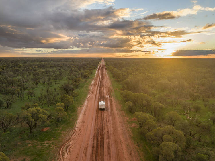 Sun setting over the country landscape between Ivanhoe and Menindee.