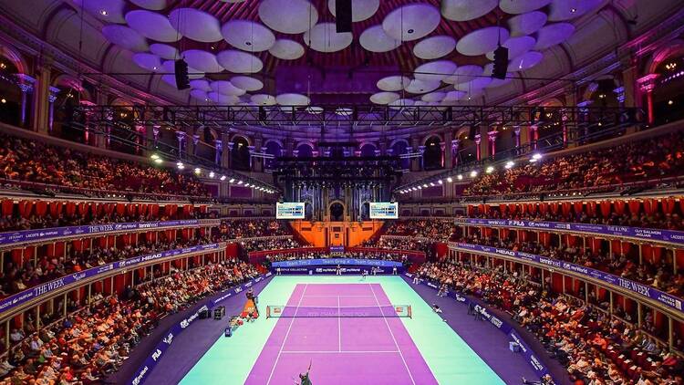 A tennis court inside the Royal Albert Hall 