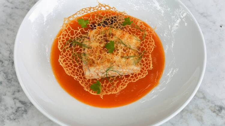 An aerial view of the blue eye cod dish at Estate Vaucluse House.