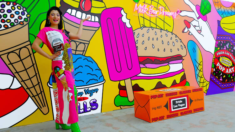 Artist Frida Las Vegas poses in front of her installation at Sugar Republic