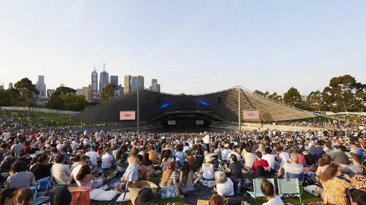 A crowd of people at the Sidney Myer Music Bowl.