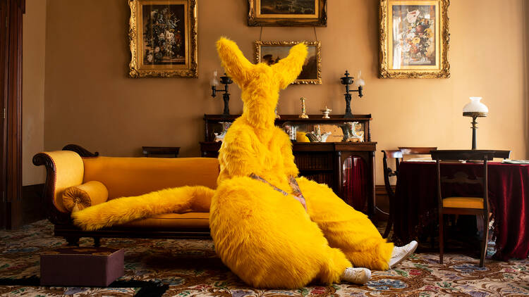 A person in a large, bright yellow fluffy kangaroo-adjacent costume sits on an ornate orange chaise lounge in an old decorated room.