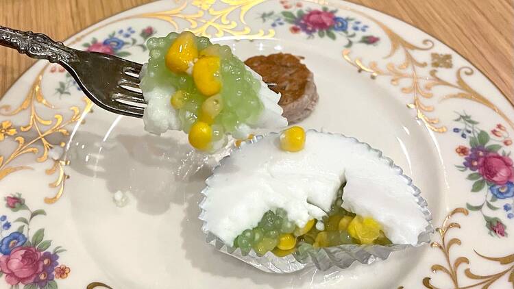 Kinkan Thai corn pandan jelly dessert and coconut patty