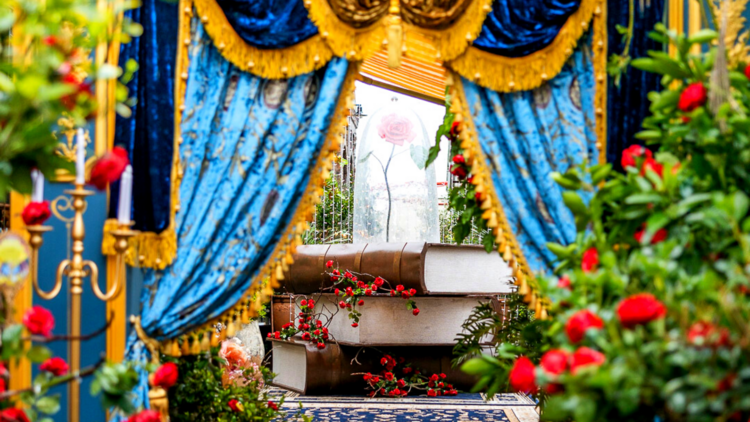 Peeking through a curtain and roses we see a stack of giant books with a large red rose in a glass dome on top