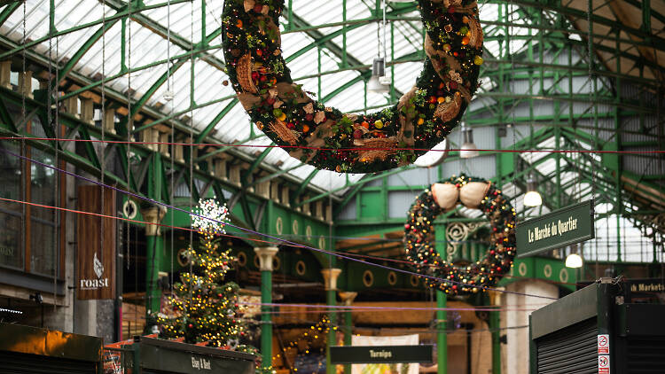 Borough Market decorated with wreaths and trees for Christmas