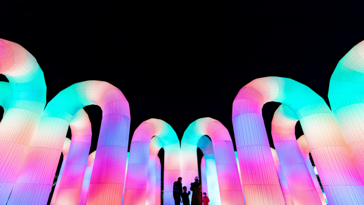 Multi coloured inflatable arches light up against a black sky, a family stand in front