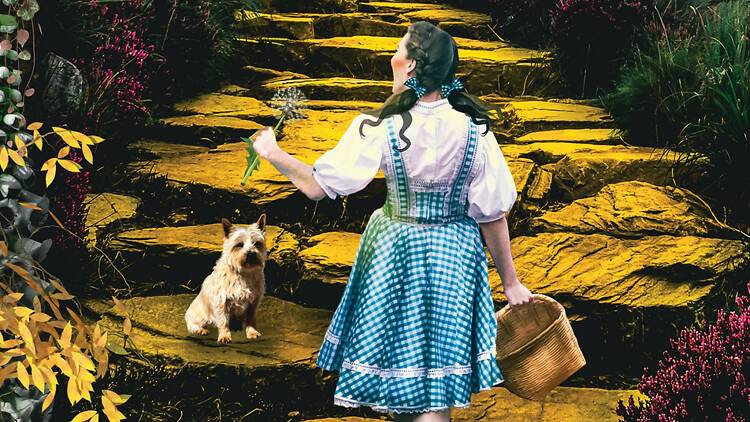An illustration of Dorothy from the Wizard of Oz walking down the yellow brick road in her signature gingham dress
