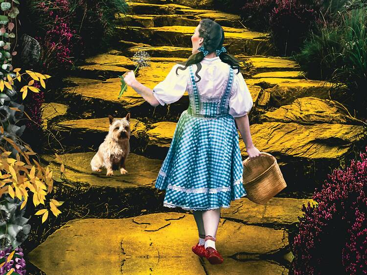 An illustration of Dorothy from the Wizard of Oz walking down the yellow brick road in her signature gingham dress