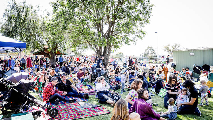 A group of people sitting on a lawn while listening to music at a previous Reservoir Stomp festival.