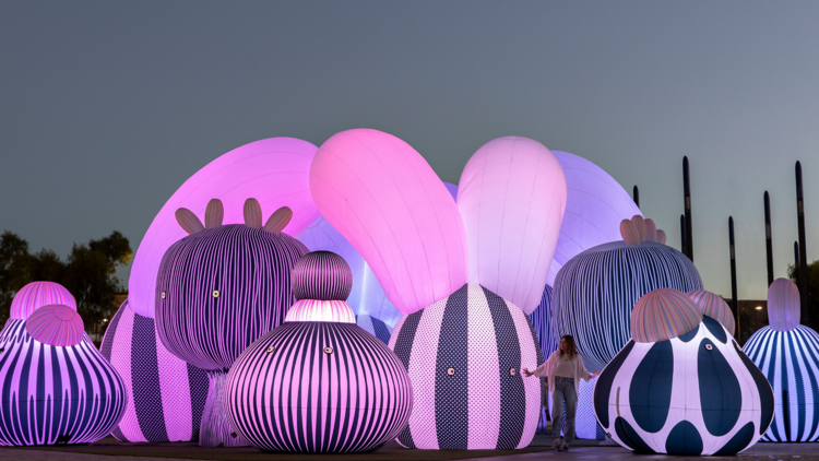 A person stands amongst a large inflated art installation made up of pink glowing shapes as the sky darkens