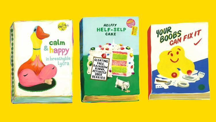 Three gouache paintings of fictional book covers by artist Anna Hoyle