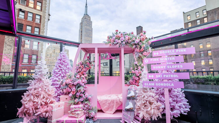 Magic Hour at the Moxy Times Square has a pink holiday pop-up