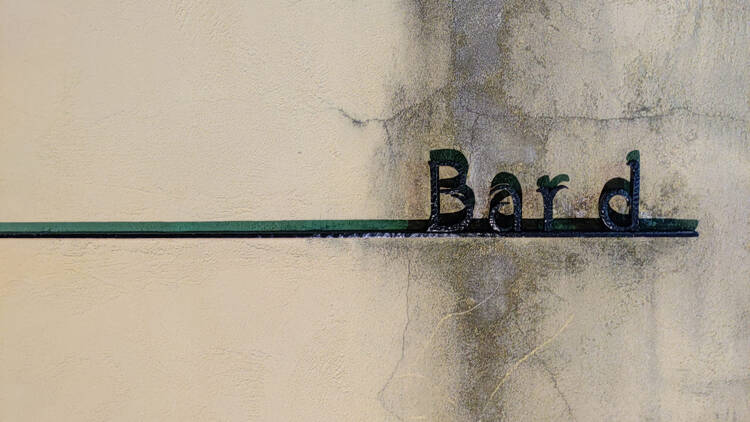 A metal sign saying 'Bard' on a cracked concrete wall.