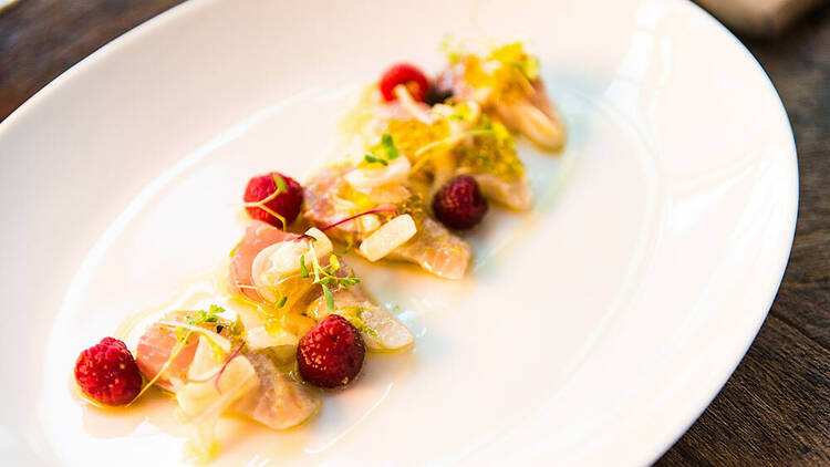 A serving of reef fish ceviche with a raspberry garnish served on a white, oval-shaped plate