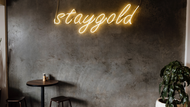 A chalkboard wall with a yellow neon sign that reads 'stay gold'. 