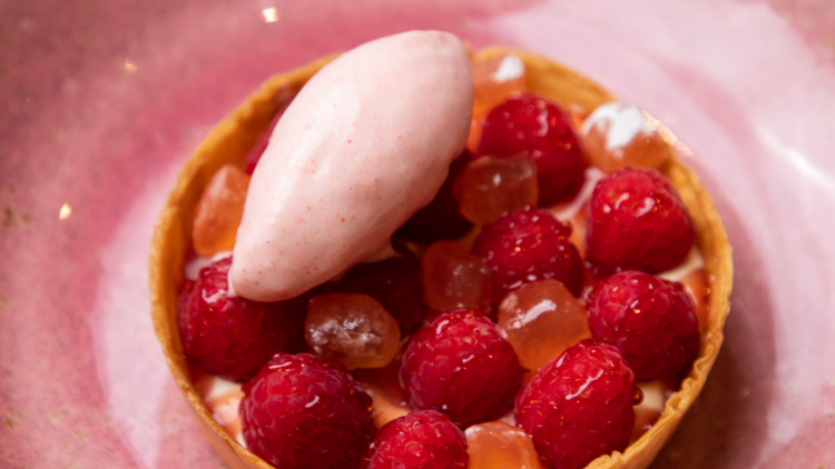 Raspberry tart with sorbet and  cubes of Turkish delight