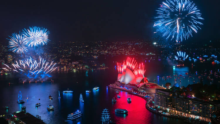 An aerial photograph of the New Year's Eve fireworks over sydney harbour