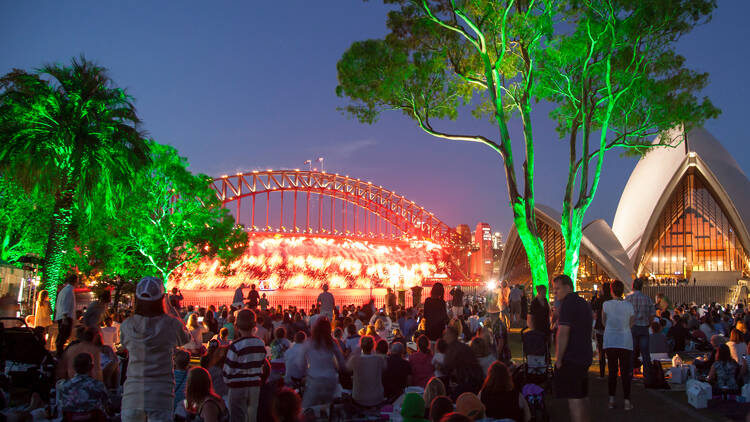 A photograph of a group of people on the lawn watching the NYE sydney harbour fireworks