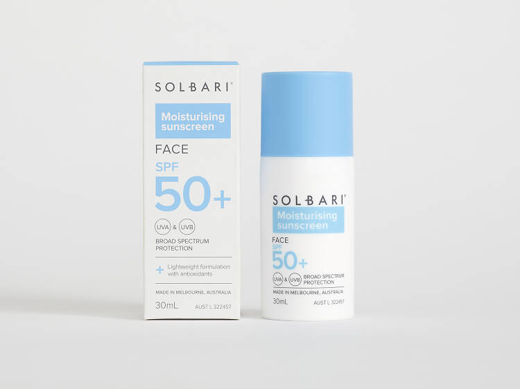 Moisturising SPF50+ face sunscreen by Solbari, $40