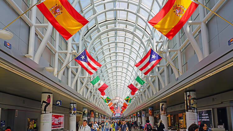 Image looking down the American Airlines terminal at Chicago O’Hare International Airport.