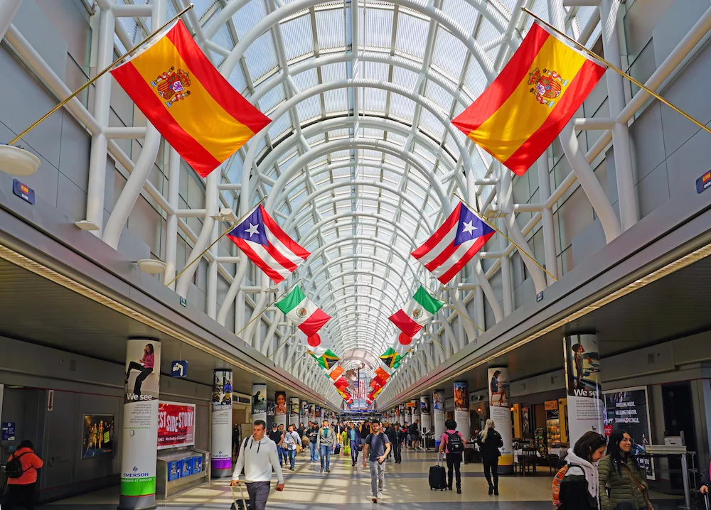 Image looking down the American Airlines terminal at Chicago O’Hare International Airport.