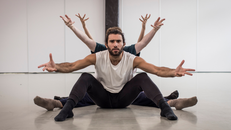 A row of dancers are seated with their arms outstretched 