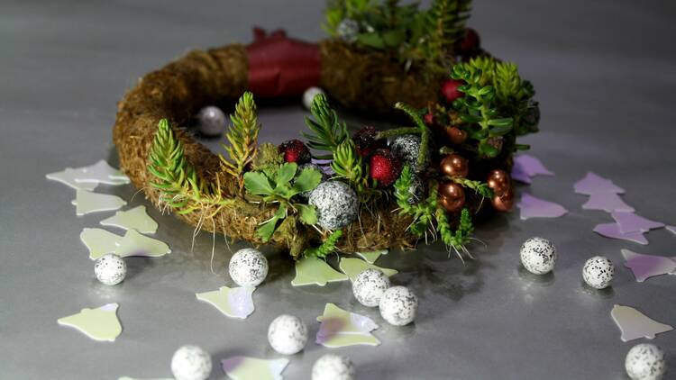 A photograph of a Christmas wreath made from succulents