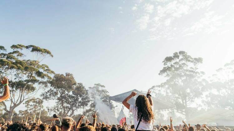 A crowd dancing at an outdoor music festival.