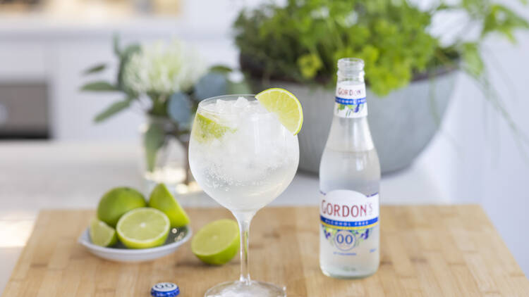A glass filled with ice, lime and Gordon's 0.0% on a  wooden table with pot plants seen in the distant background. 