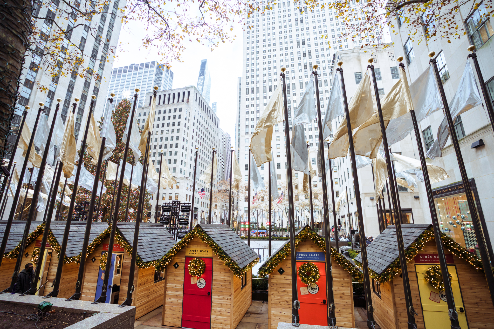You can hang out inside these cozy chalets overlooking the Rockefeller  Center ice rink