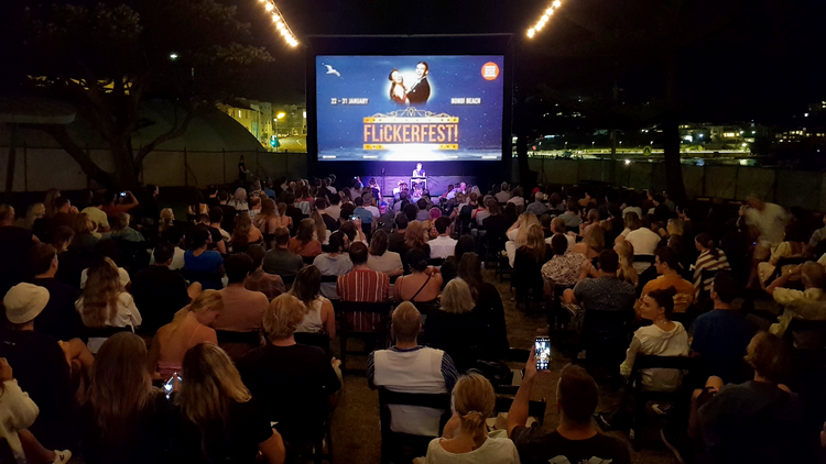 Flickerfest Indoor Cinema, view of the screen and audience watching