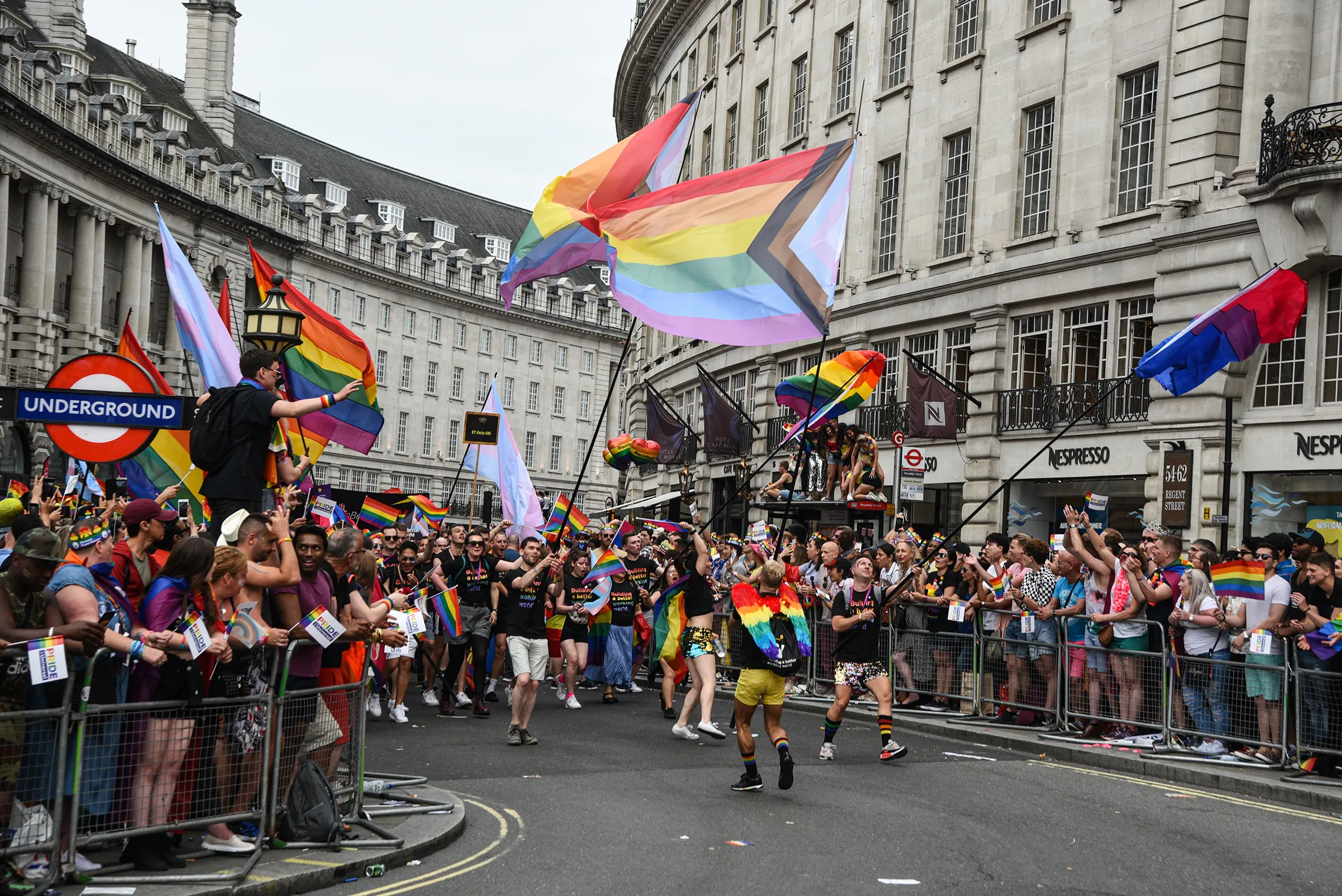 Pride in London parade in 2019 at Piccadilly Square