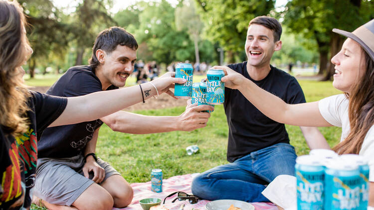 Four people sitting on a picnic rug in a park cheers their beer cans 