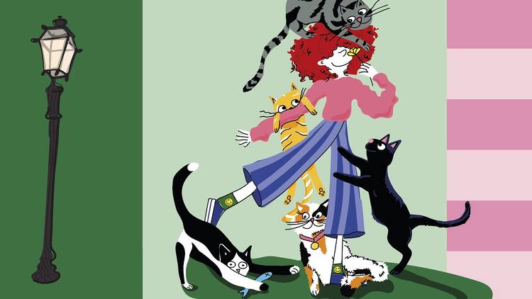 ilustração de uma rapariga e de um gang de gatos ilustração de uma rapariga e de um gang de gatos