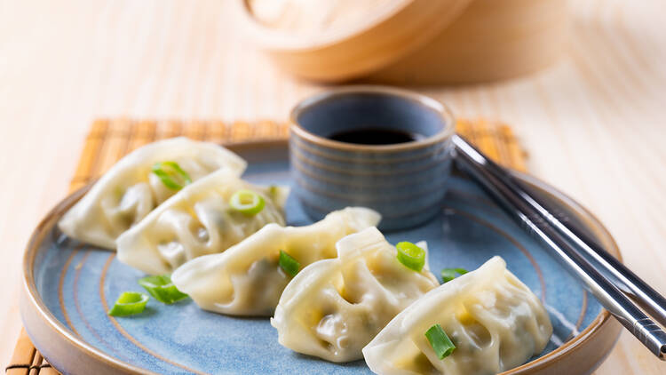 A blue ceramic plate with five potstickers.