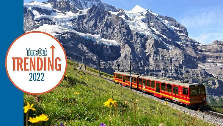 Train travelling through the mountains