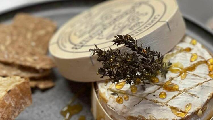 A close-up shot of a soft cheese covered with honey and topped with rosemary.