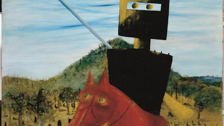 Sidney Nolan, 'Kelly and Horse' 1946: a Sidney Nolan painting of an abstract, geometric rendition of Ned Kelly riding a horse