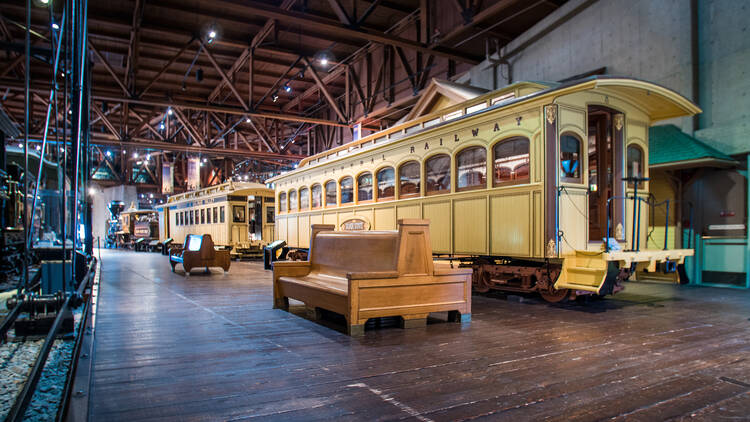 Photo of an old trolly train inside the California State Railroad Museum