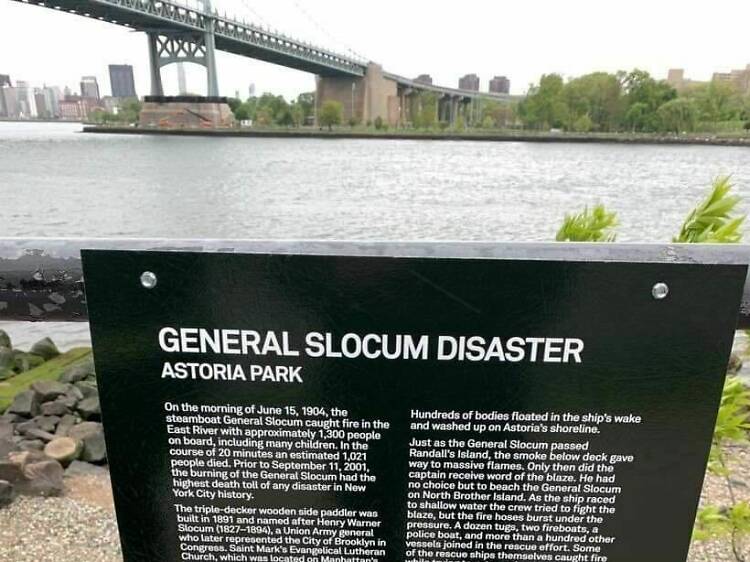 There's a sign marking the location of a disaster