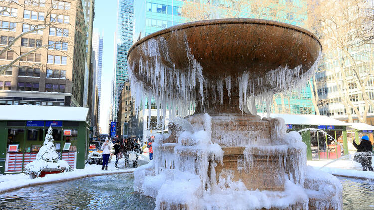 Bryant Park fountain frozen